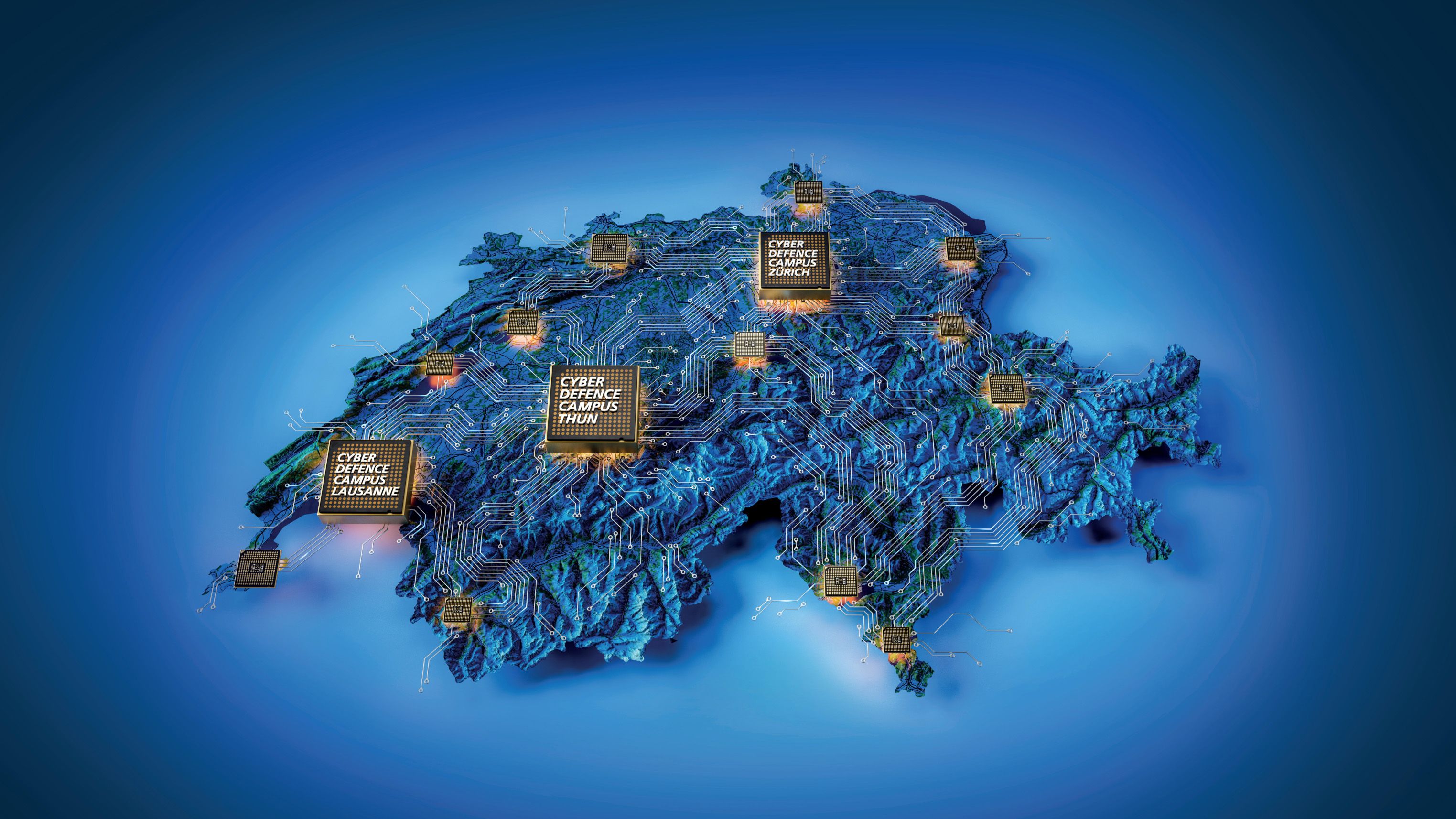 Immagine raffigurante la mappa della Svizzera in colore blu con l’indicazione delle tre sedi del CYD Campus.