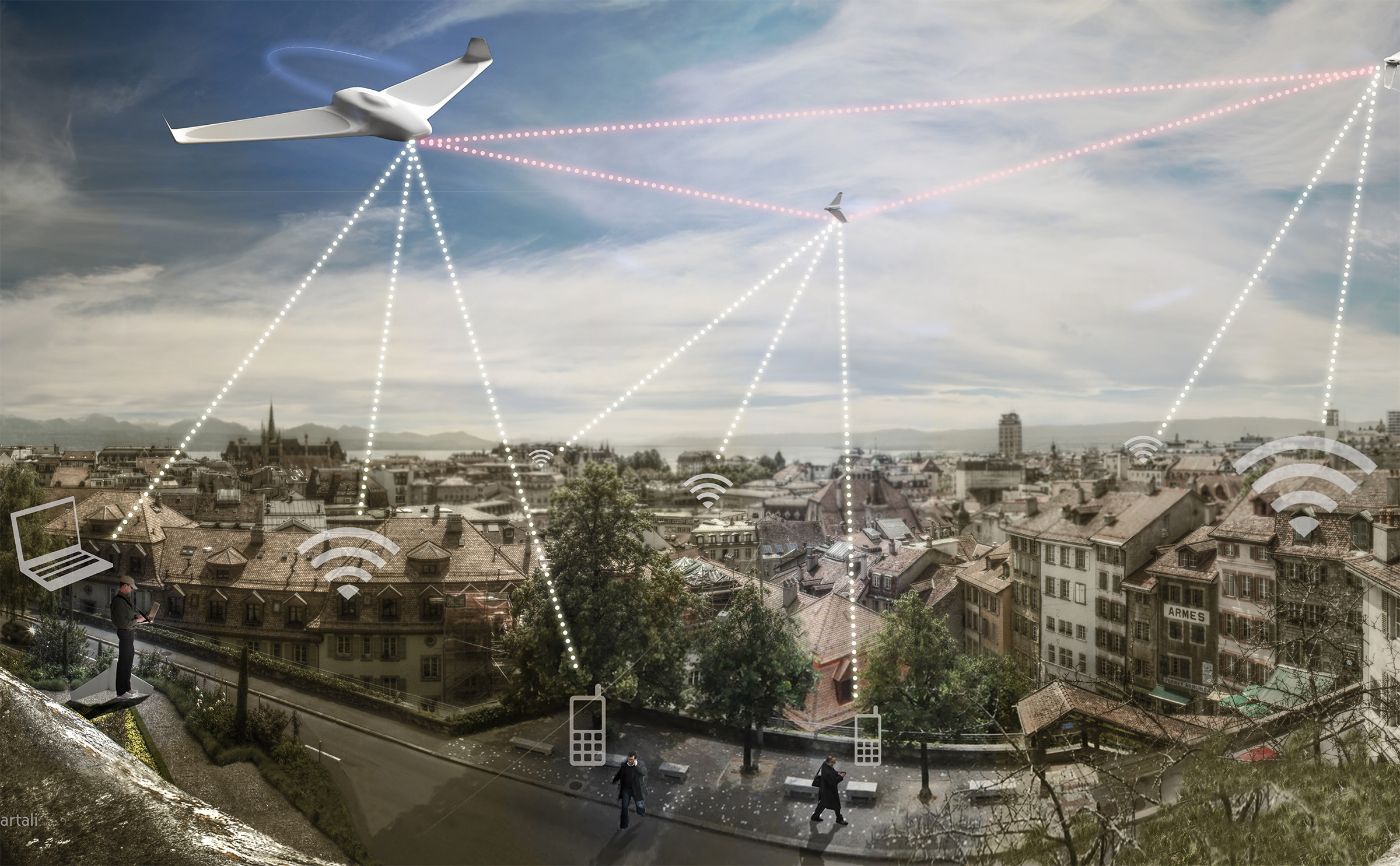 Rappresentazione del collegamento in rete tra diversi dispositivi connessi al cyberspazio.