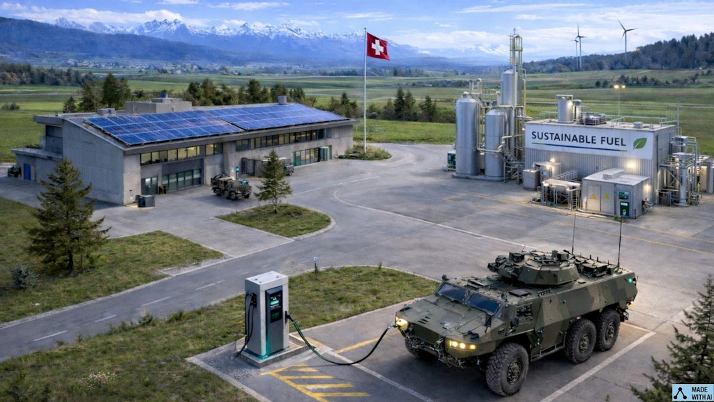 Un veicolo militare svizzero viene rifornito di energia elettrica in un'area dotata di pannelli fotovoltaici sul tetto;  sullo sfondo si vedono turbine eoliche e un impianto di carburante sostenibile.
