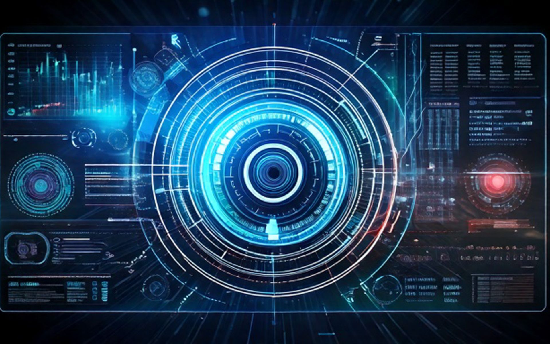 Un cruscotto digitale composto da diversi cerchi in tonalità di blu.